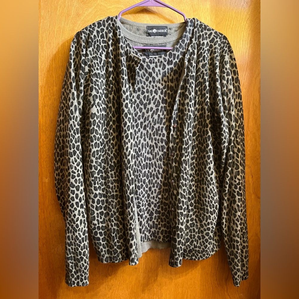 Leopard Print Knit Cardigan and Tee Set
